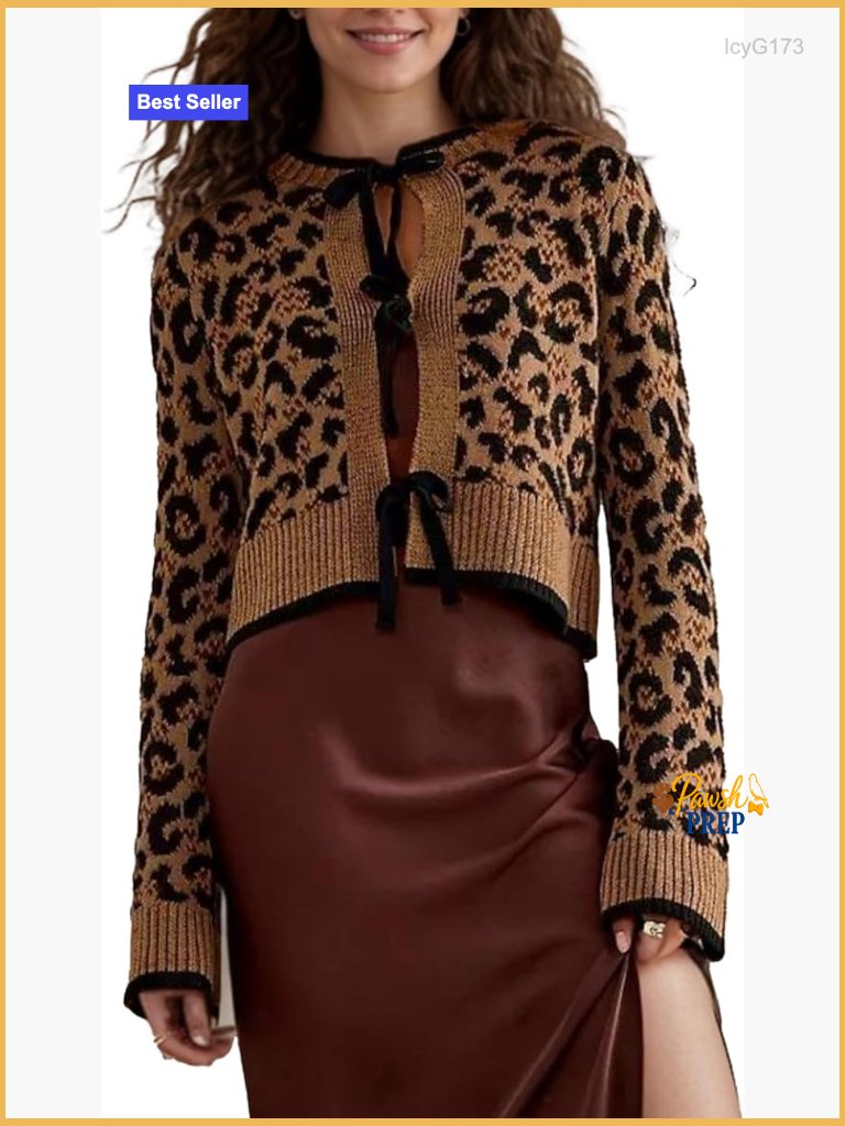 Leopard Print Cardigan Open Front Tie Up Long Sleeve Cropped Knit Jacket